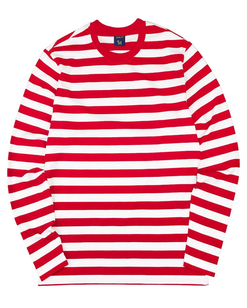 Zengjo Striped Long Sleeve Shirt Men(M,RED&White) - Image 1